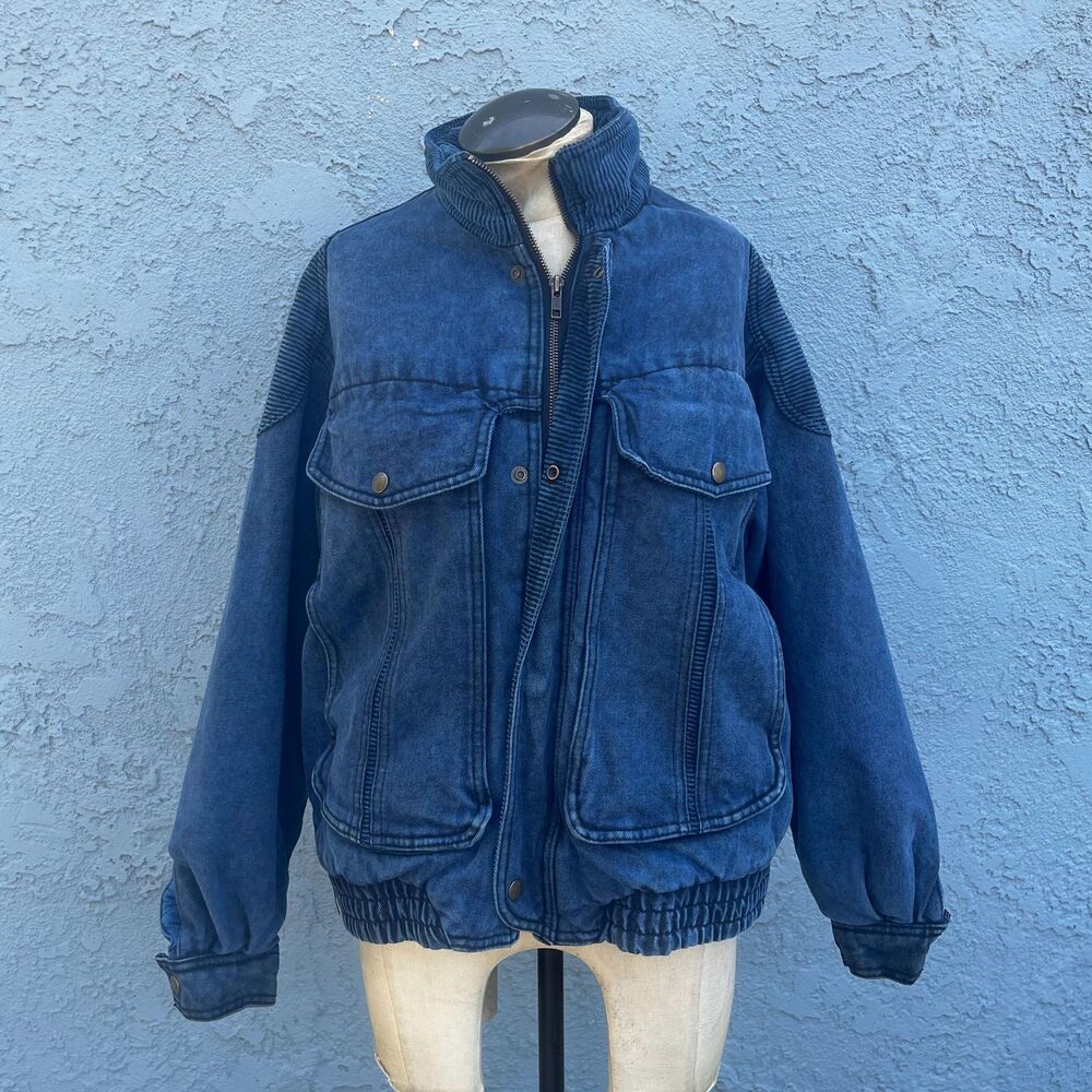 90s Chambrray Bomber Jacket Boys Denim Coat Size 16 XL or Womens XS or